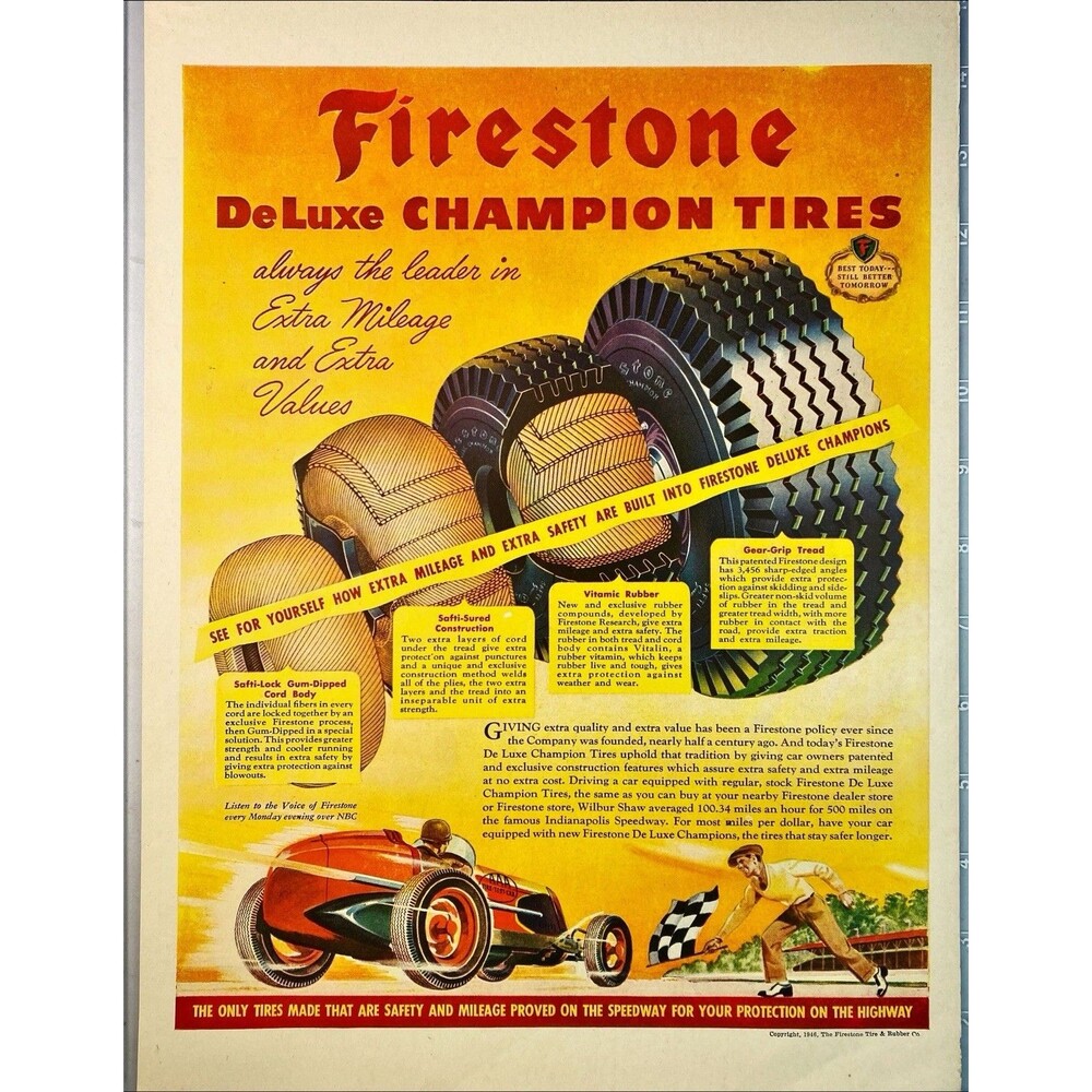 Firestone DeLuxe Champion Tires "Only Tires Tested on Speedway" Print Ad 1946